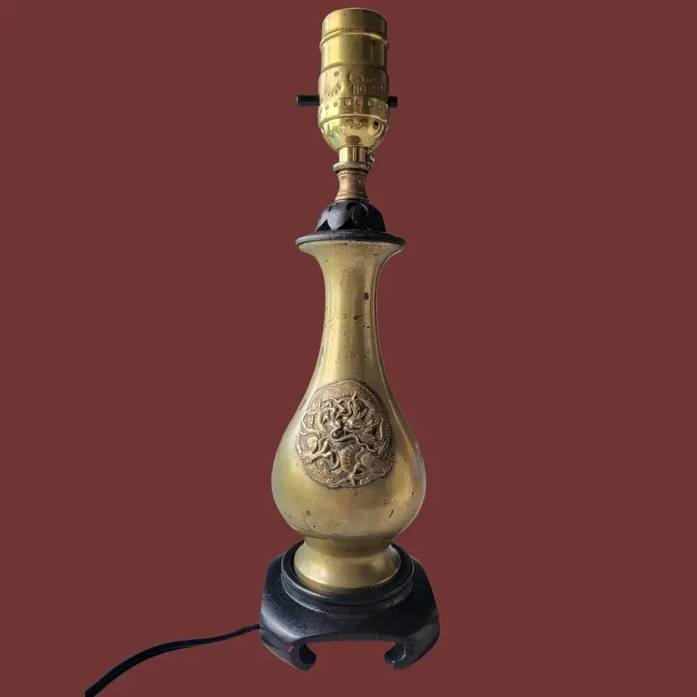 Vintage 1950s Chinoiserie Brass Dragon Baluster Vase Boudoir Lamp